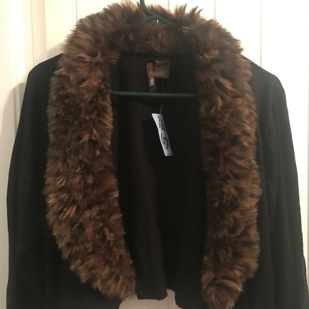 Retro Chic Black Shrug with Brown Faux Fur Trim